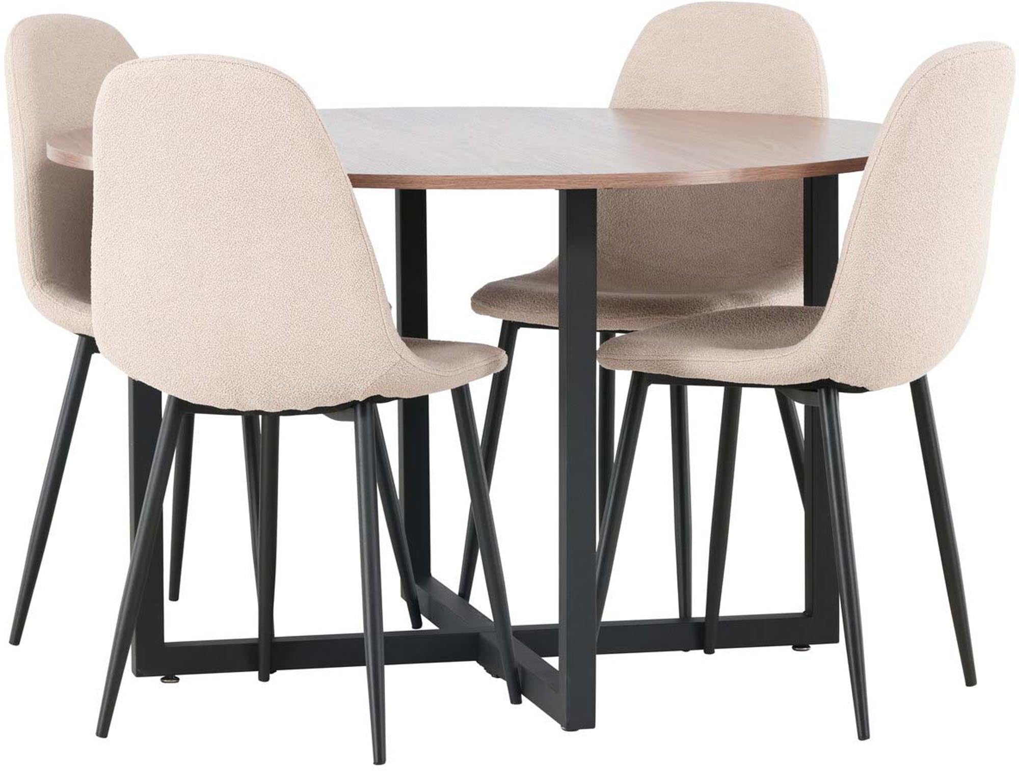 Elegantes Esszimmerset im skandinavischen Stil mit rundem Tisch und bequemen Stühlen für stilvolle Dinner.