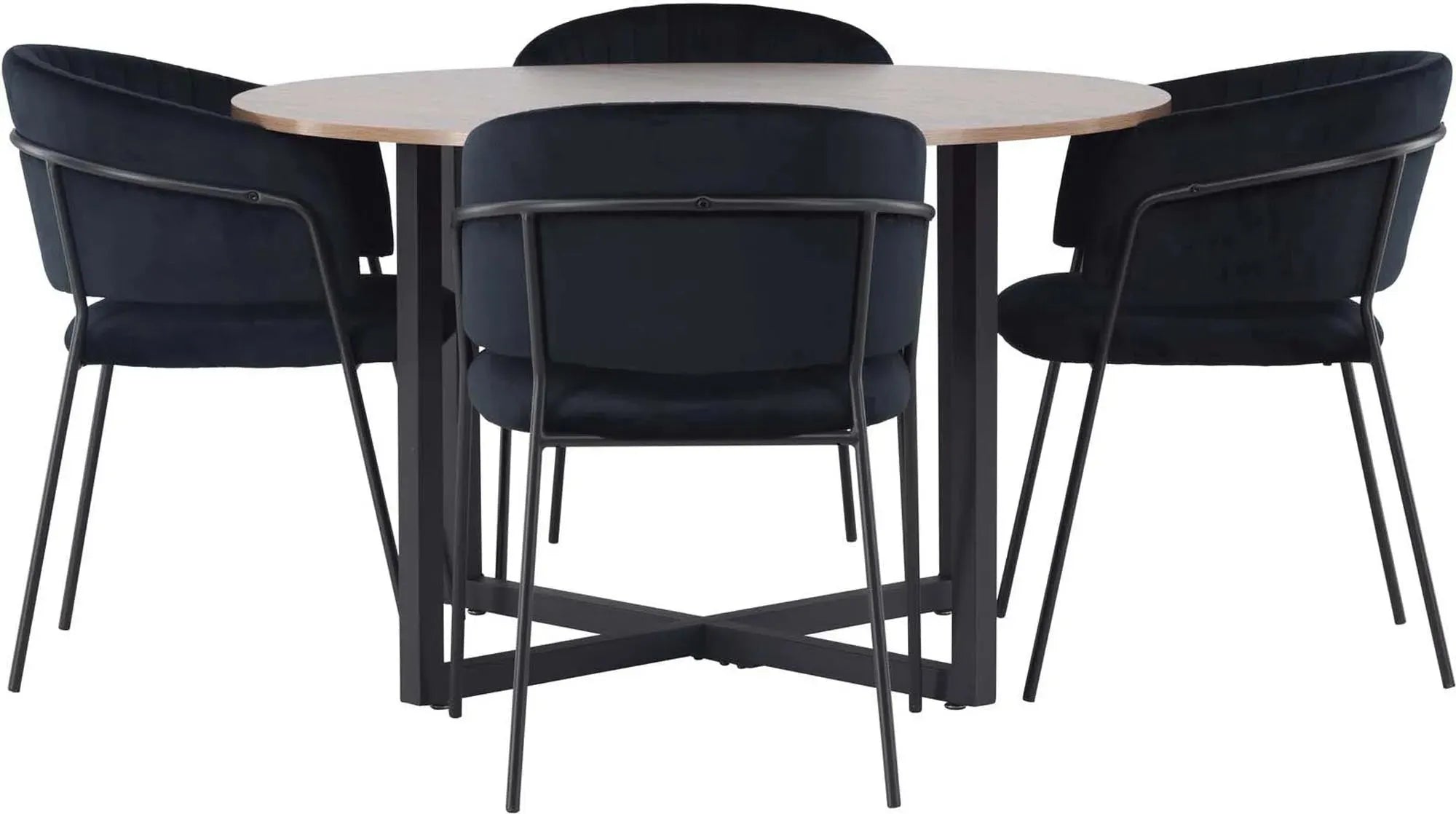 Elegantes Esszimmerset: Runder Tisch mit Holzoptik, schwarze Metallbeine, samtgepolsterte Stühle. Komfort und Stil vereint.