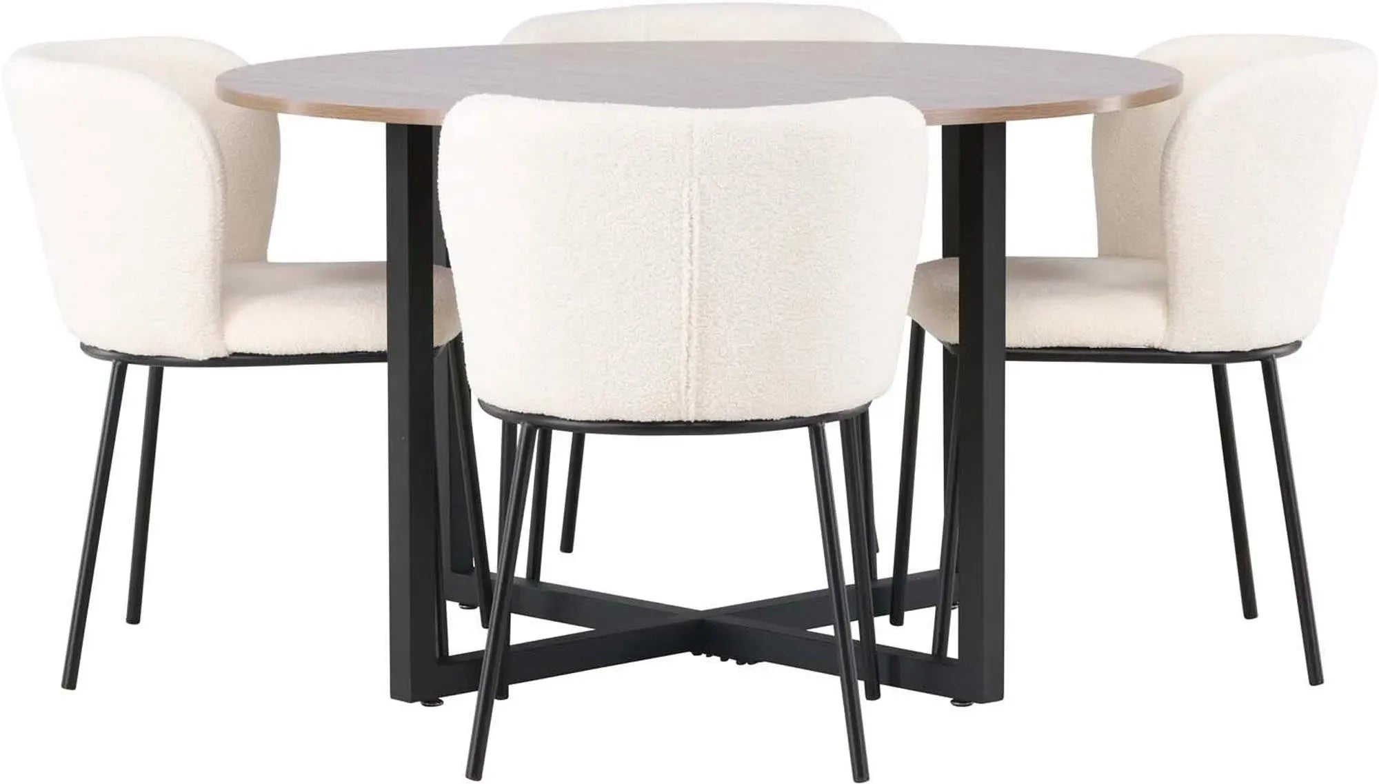 Das Durango Esszimmerset von Venture Home vereint modernes Design mit Komfort: runder Tisch mit Holzoptik und vier elegante Bouclé-Stühle.
