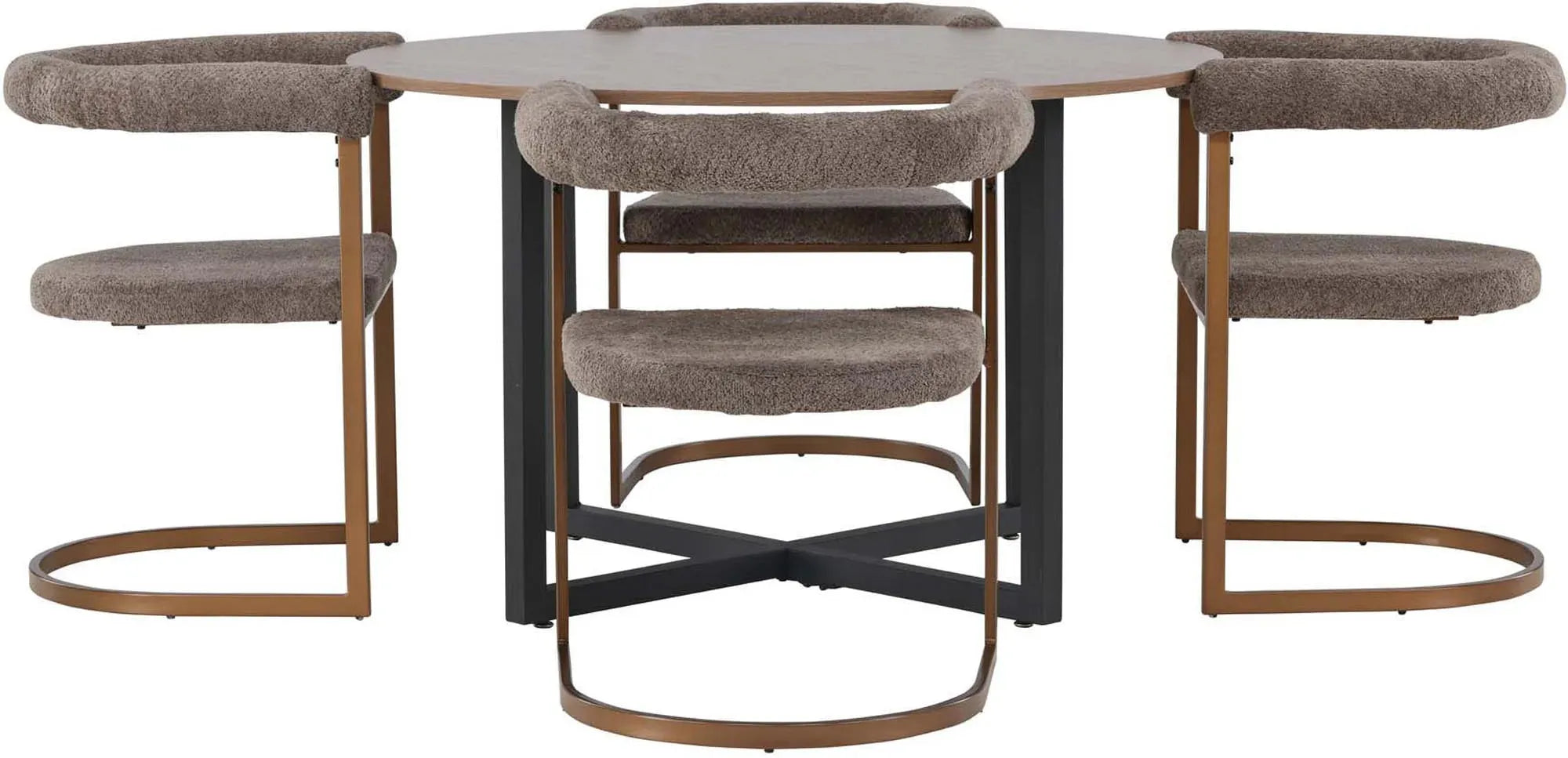 Elegantes Esszimmerset mit Walnuss-Tisch und Bouclé-Stühlen für stilvolle, gesellige Runden.