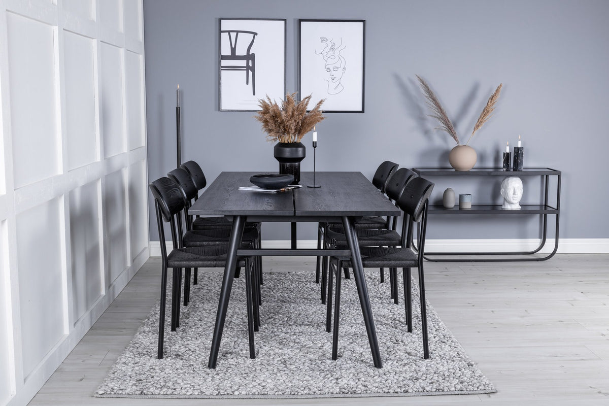 Esszimmer Set Sleek mit Stuhl Polly, Tisch aus MDF und Furnier mit Stahlgestell, sechs Stühle, Farbe Schwarz und hell gebürstet