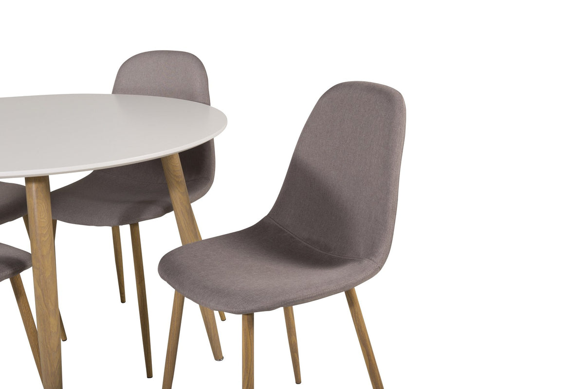 Esszimmerset Plaza mit Tisch aus MDF und Stahlgestell sowie vier Stühlen Polar in Weiss/Grau/Weiss, Ansicht des kompletten Sets.