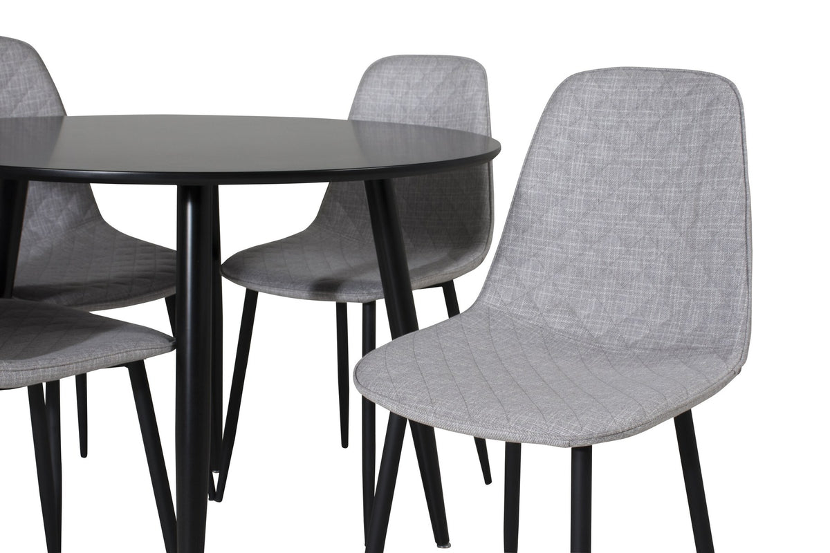 Esszimmerset Plaza mit Tisch aus MDF und Stahlgestell sowie vier Stühlen Polar in Weiss/Grau/Weiss, Ansicht des kompletten Sets.
