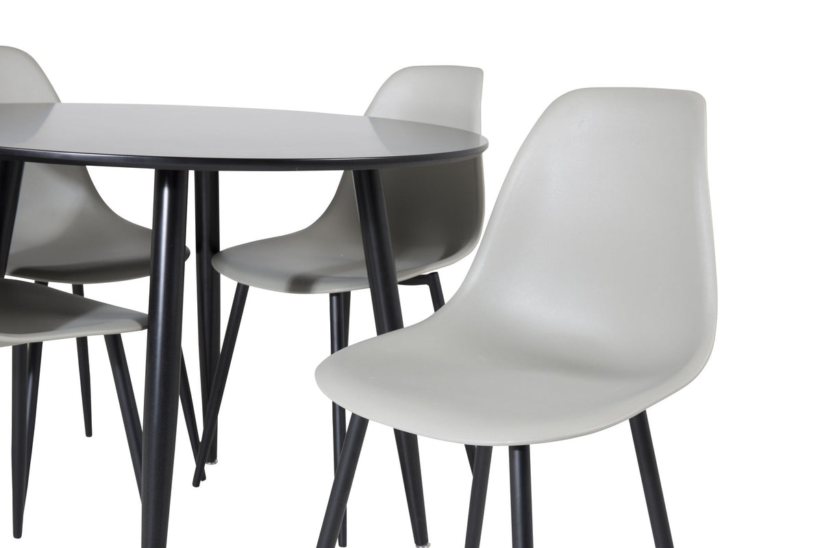 Esszimmerset Plaza mit Tisch aus MDF und Stahlgestell sowie vier Stühlen Polar in Weiss/Grau/Weiss, Ansicht des kompletten Sets.