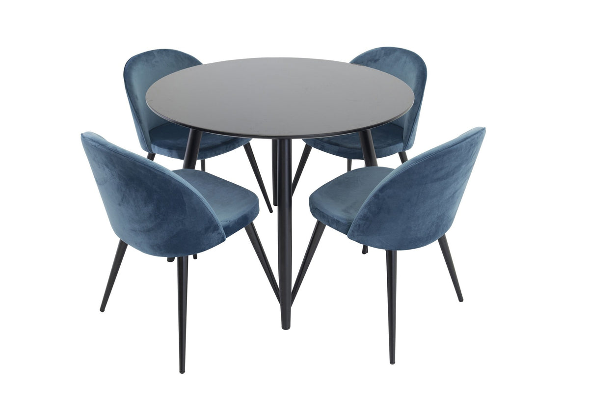 Esszimmer Set Plaza mit Stuhl Velvet von Venture Home: Esstisch aus MDF mit Stahlgestell in Schwarz, dazu vier gepolsterte Stühle.