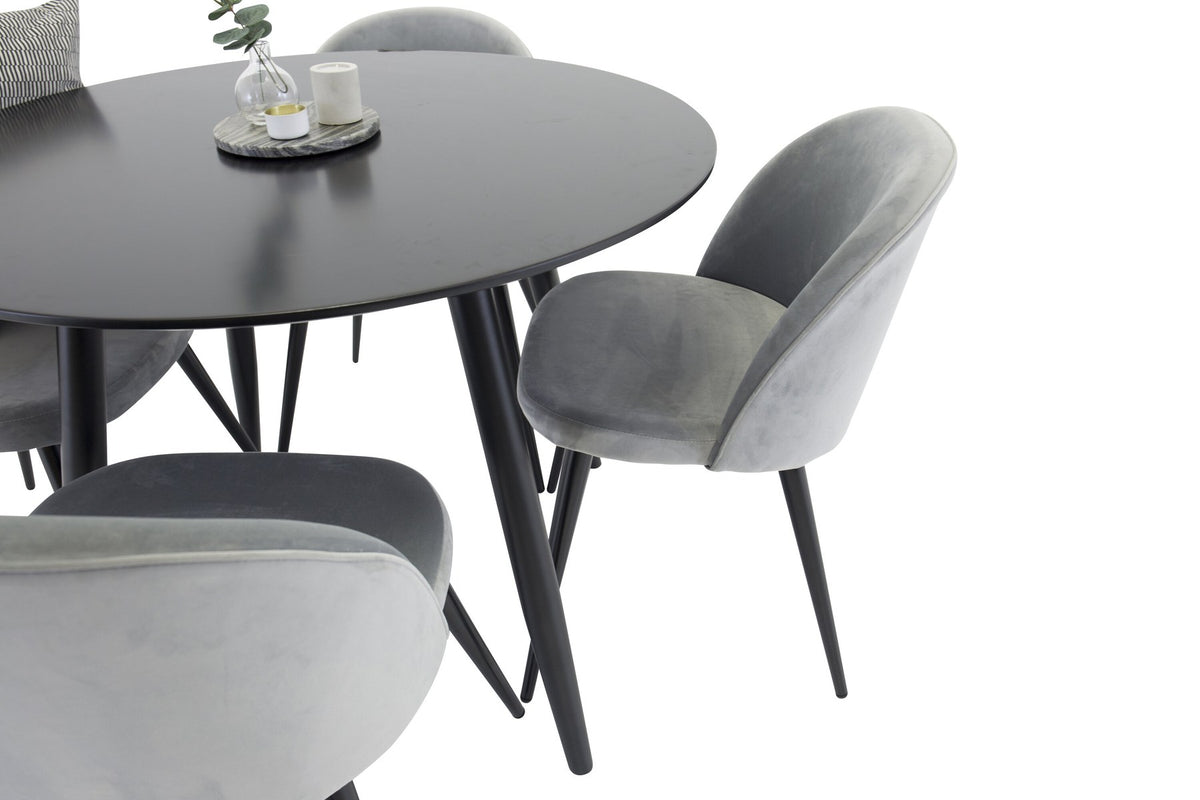 Esszimmer Set Plaza mit Stuhl Velvet von Venture Home: Esstisch aus MDF mit Stahlgestell in Schwarz, dazu vier gepolsterte Stühle.