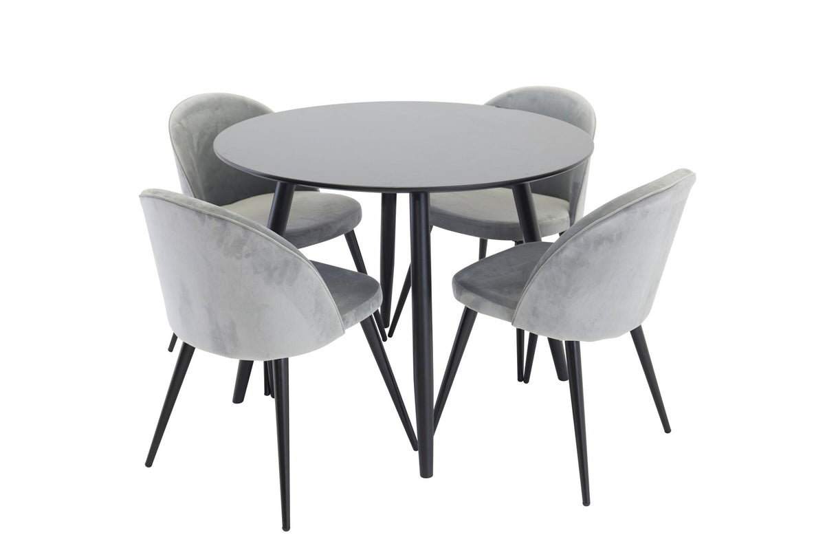Esszimmer Set Plaza mit Stuhl Velvet von Venture Home: Esstisch aus MDF mit Stahlgestell in Schwarz, dazu vier gepolsterte Stühle.