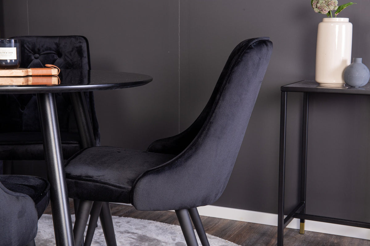 Esszimmer Set Plaza von Venture Home: Esstisch mit MDF-Platte und Stahlgestell in Grau schwarz, dazu vier gepolsterte Velvet Deluxe Stühle.