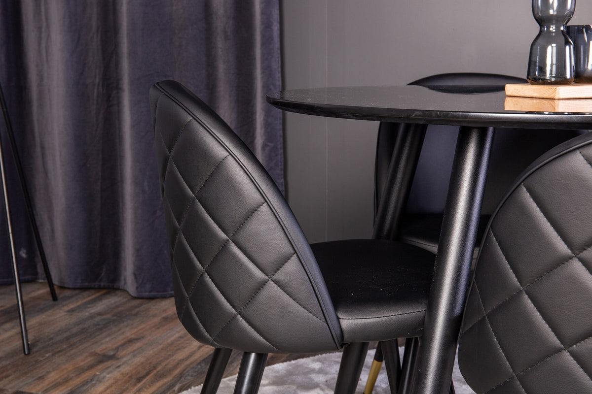 Esszimmer Set Plaza mit Stuhl Velvet von Venture Home: Esstisch aus MDF mit Stahlgestell in Schwarz, dazu vier gepolsterte Stühle.