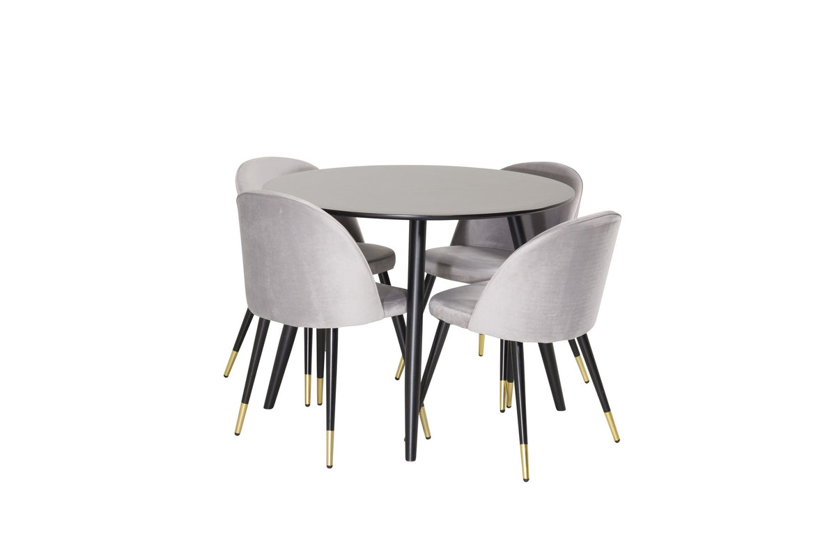 Esszimmer Set Plaza mit Stuhl Velvet von Venture Home: Esstisch aus MDF mit Stahlgestell in Schwarz, dazu vier gepolsterte Stühle.