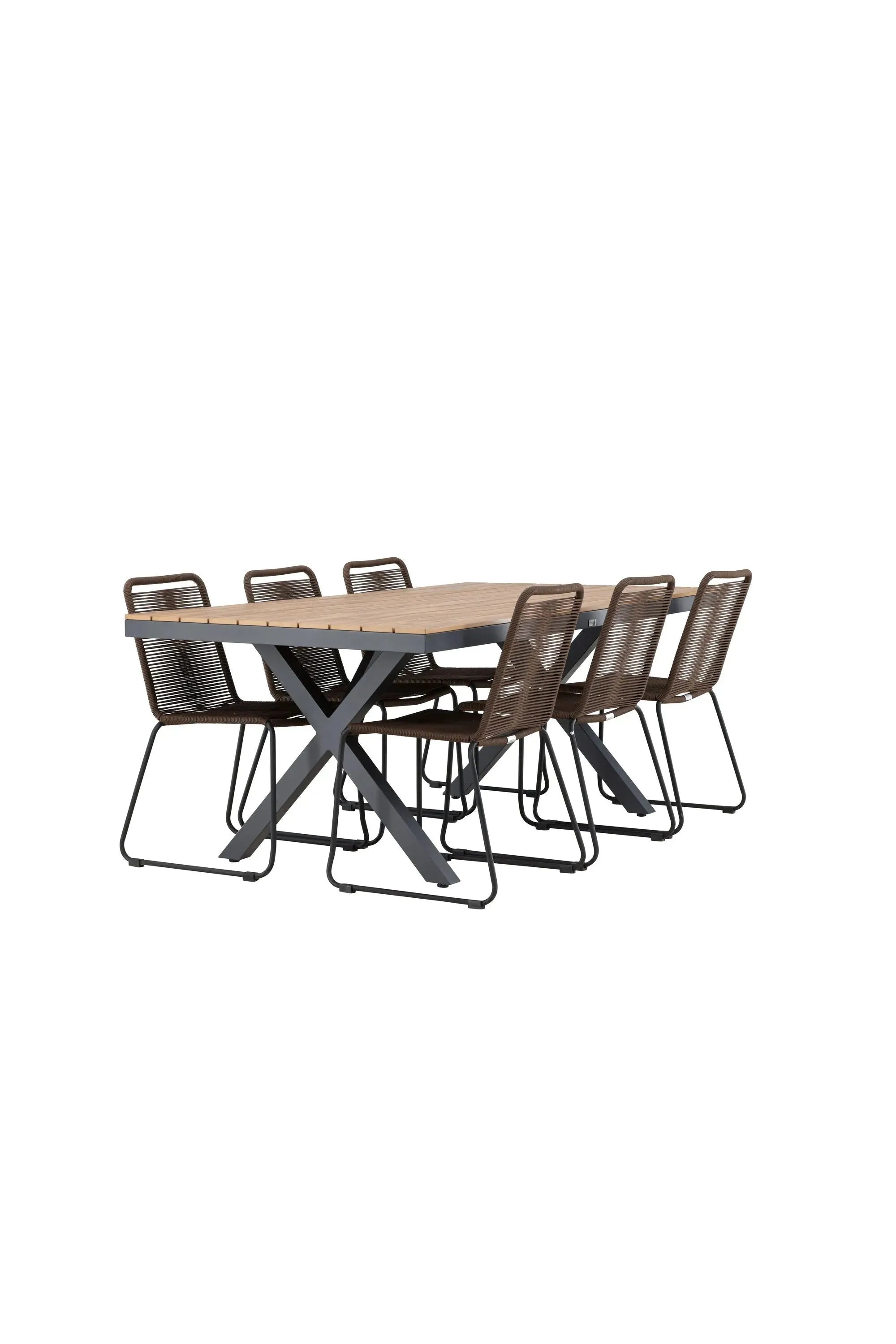 Elegantes Esszimmer-Set: Moderner Tisch mit Holzfurnier und Aluminiumbeinen, komfortable Stühle für stilvolle Mahlzeiten.