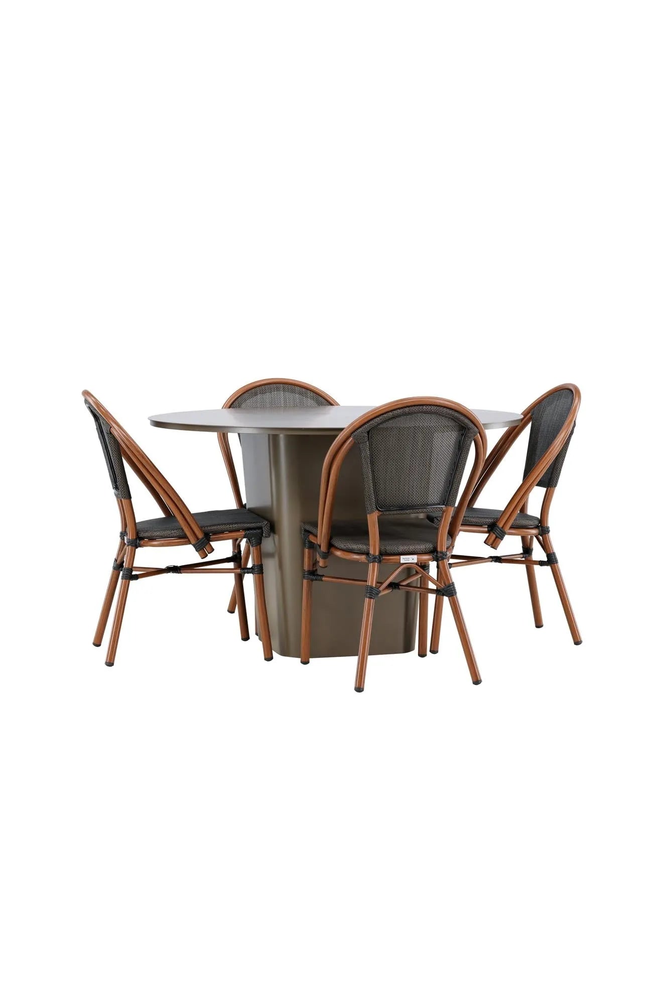 Elegantes, rundes Esszimmerset aus Aluminium, wetterfest, mit ergonomischen Stühlen für stilvollen Komfort.
