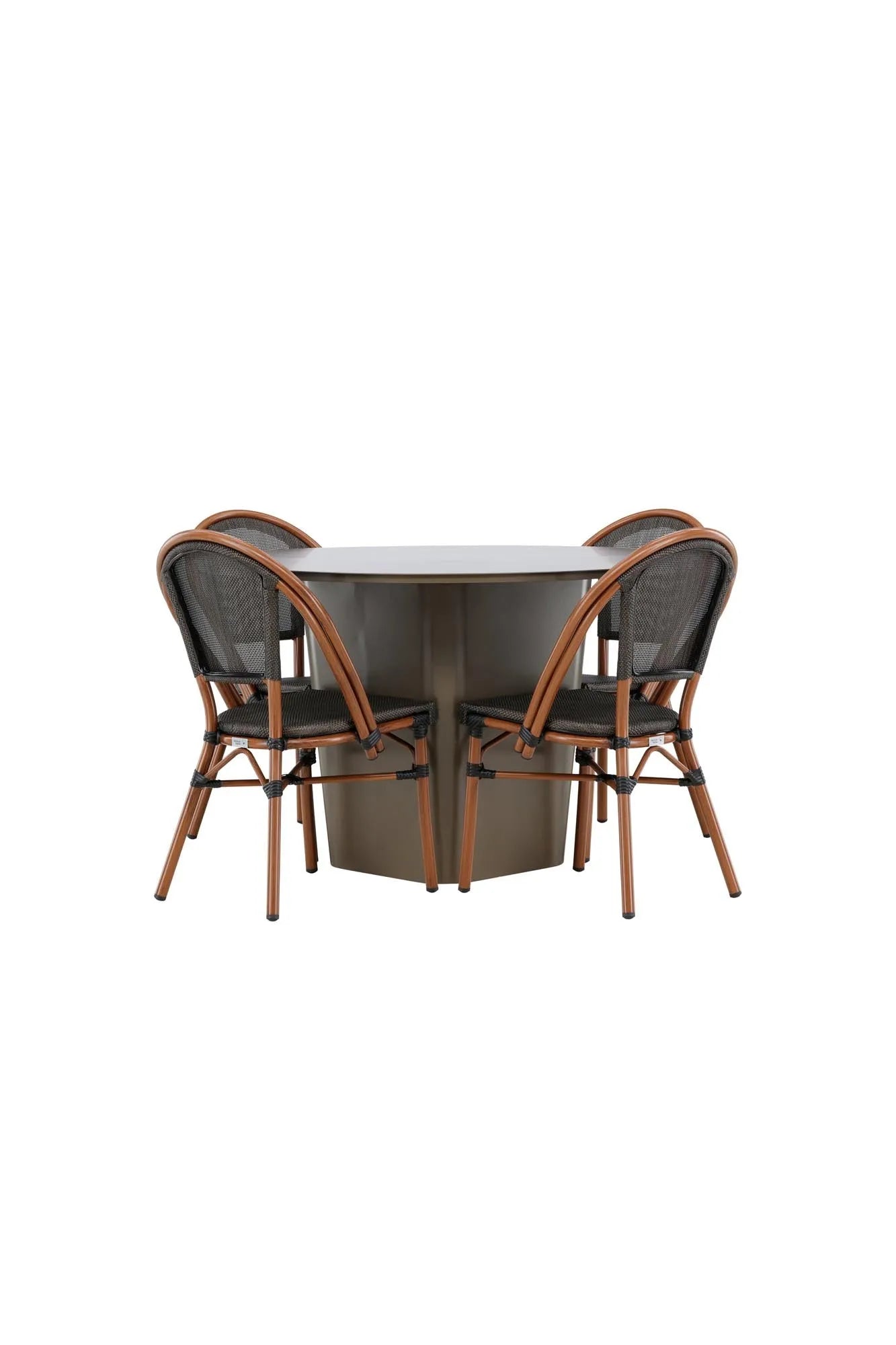 Elegantes, rundes Esszimmerset aus Aluminium, wetterfest, mit ergonomischen Stühlen für stilvollen Komfort.