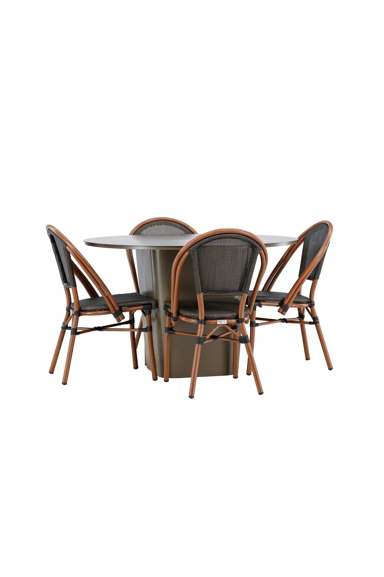 Elegantes, rundes Esszimmerset aus Aluminium, wetterfest, mit ergonomischen Stühlen für stilvollen Komfort.