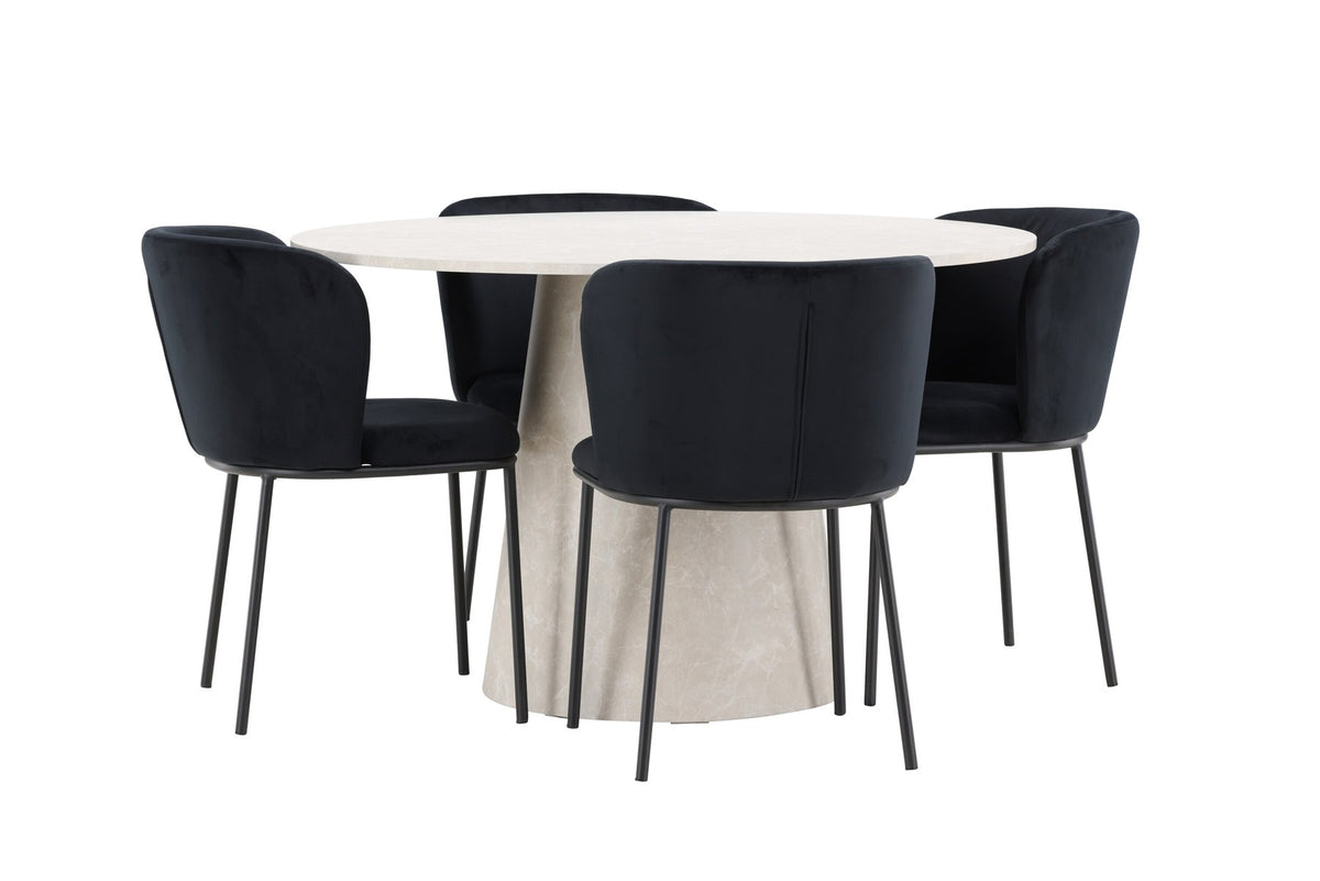Esszimmerset Lanzo mit Edina Stuhl von Venture Home: runder Esstisch aus MDF in Beige mit vier passenden Stühlen im Essbereich