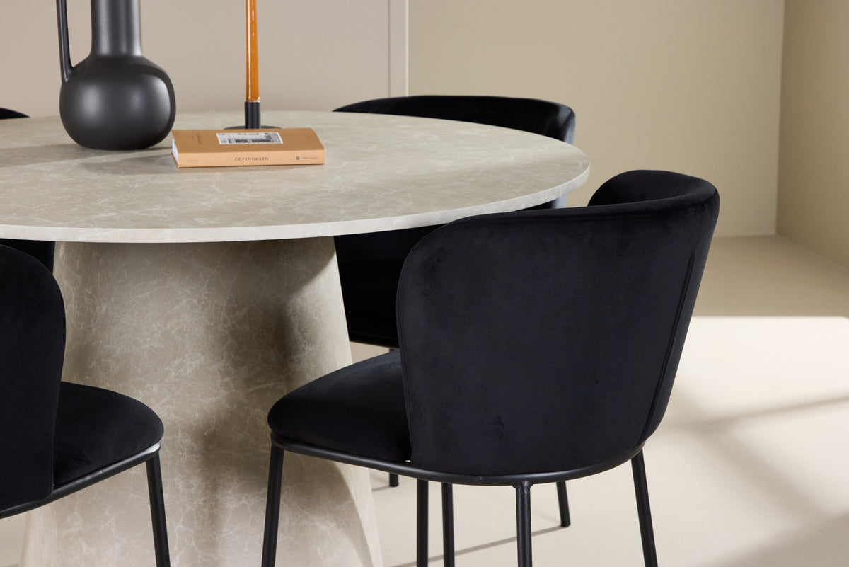 Esszimmerset Lanzo mit Edina Stuhl von Venture Home: runder Esstisch aus MDF in Beige mit vier passenden Stühlen im Essbereich