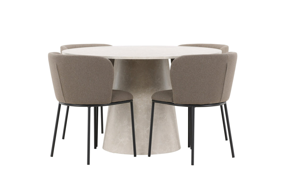 Esszimmerset Lanzo mit Edina Stuhl von Venture Home: runder Esstisch aus MDF in Beige mit vier passenden Stühlen im Essbereich