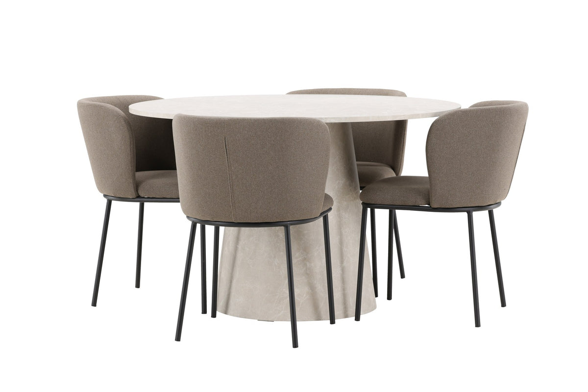 Esszimmerset Lanzo mit Edina Stuhl von Venture Home: runder Esstisch aus MDF in Beige mit vier passenden Stühlen im Essbereich
