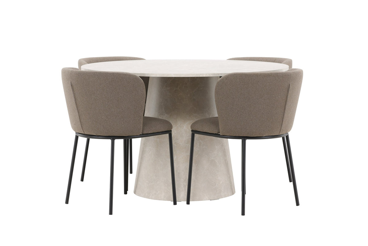 Esszimmerset Lanzo mit Edina Stuhl von Venture Home: runder Esstisch aus MDF in Beige mit vier passenden Stühlen im Essbereich