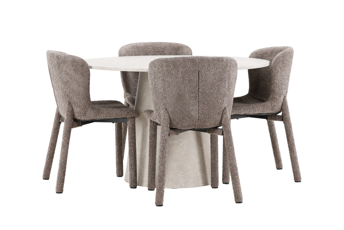 Rundes Esszimmerset Lanzo & Astoria von Venture Home: Esstisch Ø120 cm in Beige mit Marmor-Optik und zwei Esszimmerstühle in Braun aus MDF