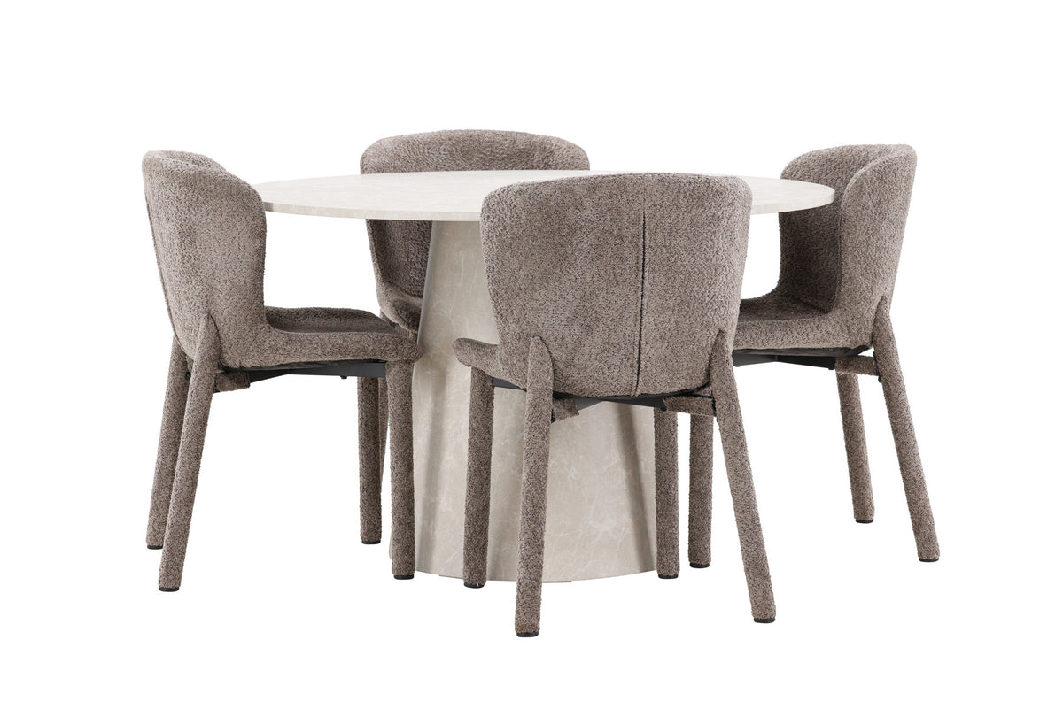 Rundes Esszimmerset Lanzo & Astoria von Venture Home: Esstisch Ø120 cm in Beige mit Marmor-Optik und zwei Esszimmerstühle in Braun aus MDF