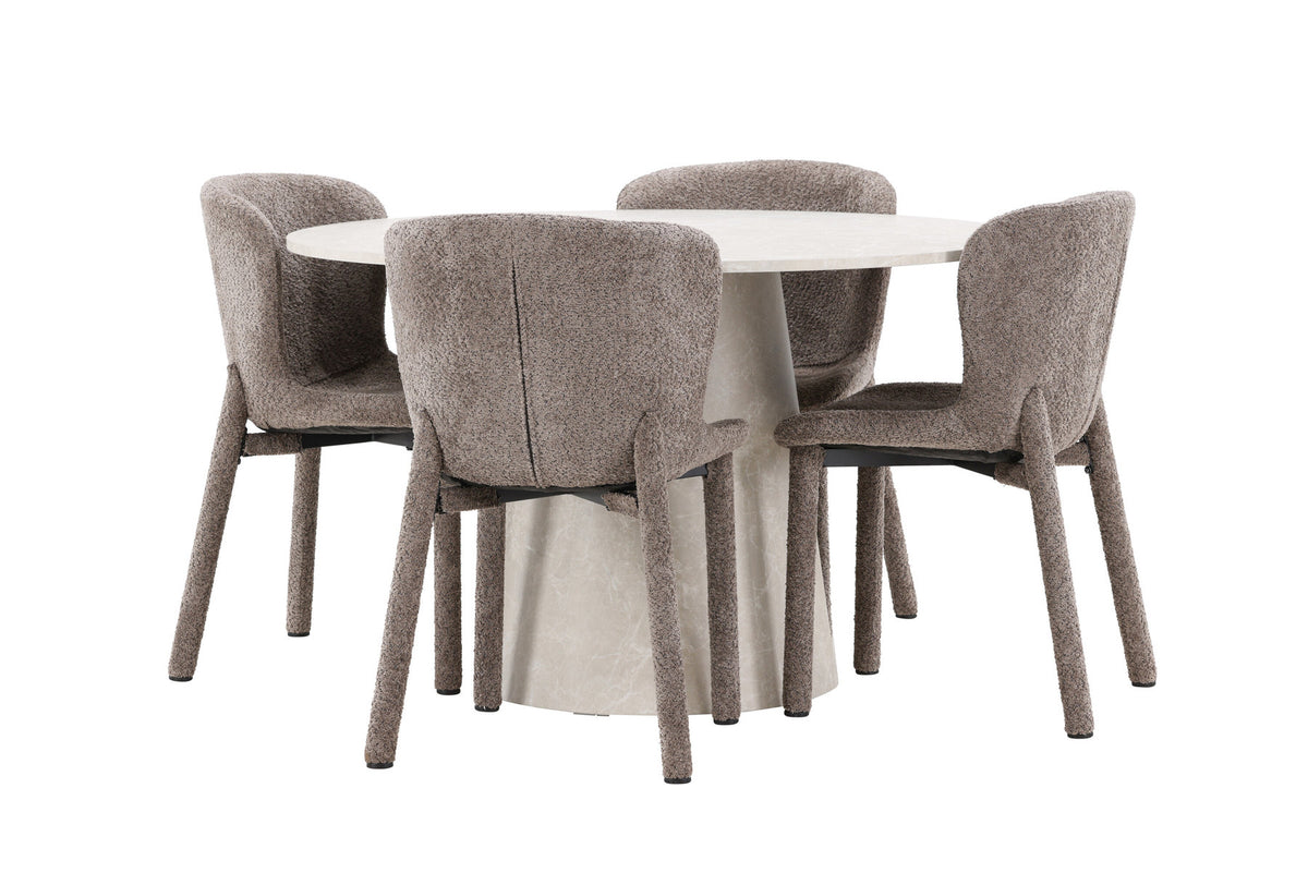 Rundes Esszimmerset Lanzo & Astoria von Venture Home: Esstisch Ø120 cm in Beige mit Marmor-Optik und zwei Esszimmerstühle in Braun aus MDF