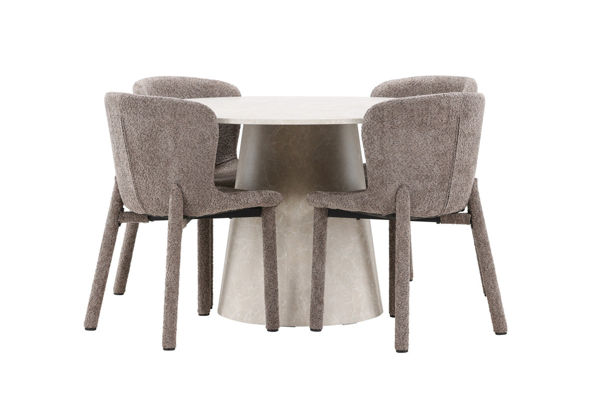 Rundes Esszimmerset Lanzo & Astoria von Venture Home: Esstisch Ø120 cm in Beige mit Marmor-Optik und zwei Esszimmerstühle in Braun aus MDF
