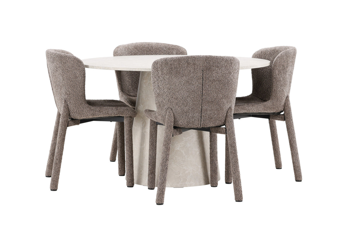 Rundes Esszimmerset Lanzo & Astoria von Venture Home: Esstisch Ø120 cm in Beige mit Marmor-Optik und zwei Esszimmerstühle in Braun aus MDF