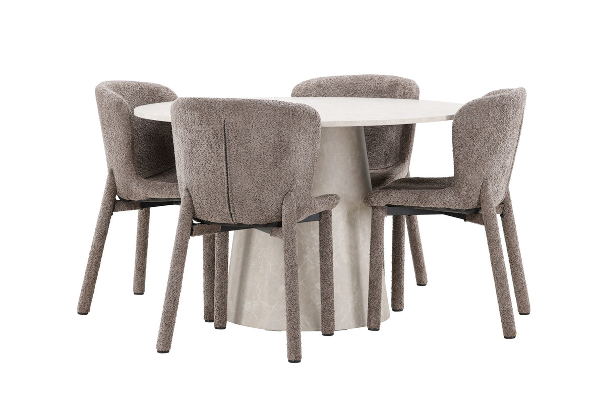 Rundes Esszimmerset Lanzo & Astoria von Venture Home: Esstisch Ø120 cm in Beige mit Marmor-Optik und zwei Esszimmerstühle in Braun aus MDF