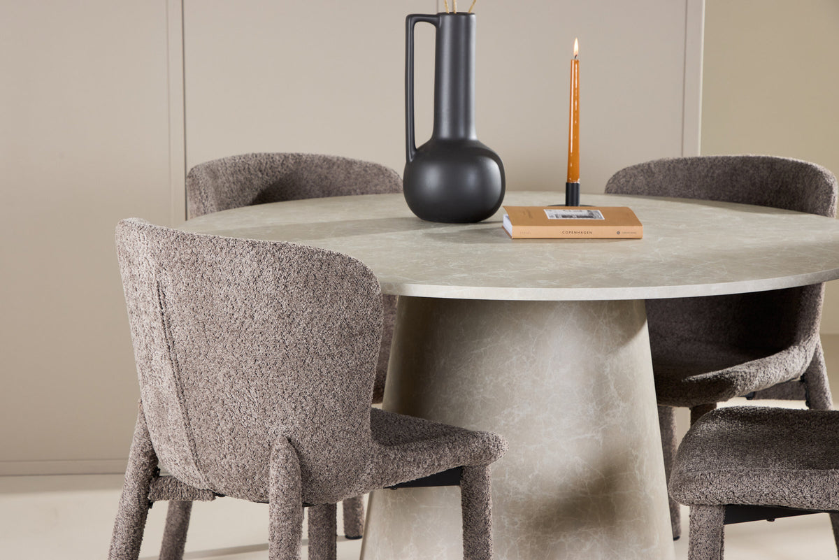 Rundes Esszimmerset Lanzo & Astoria von Venture Home: Esstisch Ø120 cm in Beige mit Marmor-Optik und zwei Esszimmerstühle in Braun aus MDF