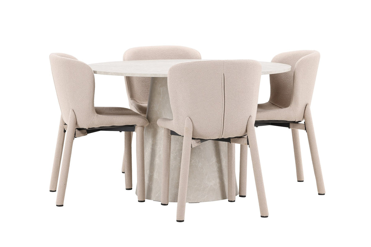 Beiger Esstisch Lanzo aus MDF mit vier gepolsterten Astoria-Stühlen mit Bouclé-Bezug, rechteckige Tischform, skandinavisches Design