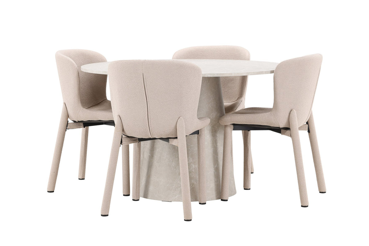 Beiger Esstisch Lanzo aus MDF mit vier gepolsterten Astoria-Stühlen mit Bouclé-Bezug, rechteckige Tischform, skandinavisches Design
