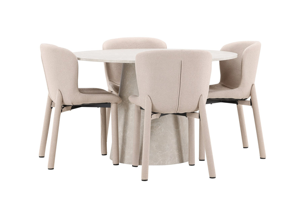 Beiger Esstisch Lanzo aus MDF mit vier gepolsterten Astoria-Stühlen mit Bouclé-Bezug, rechteckige Tischform, skandinavisches Design