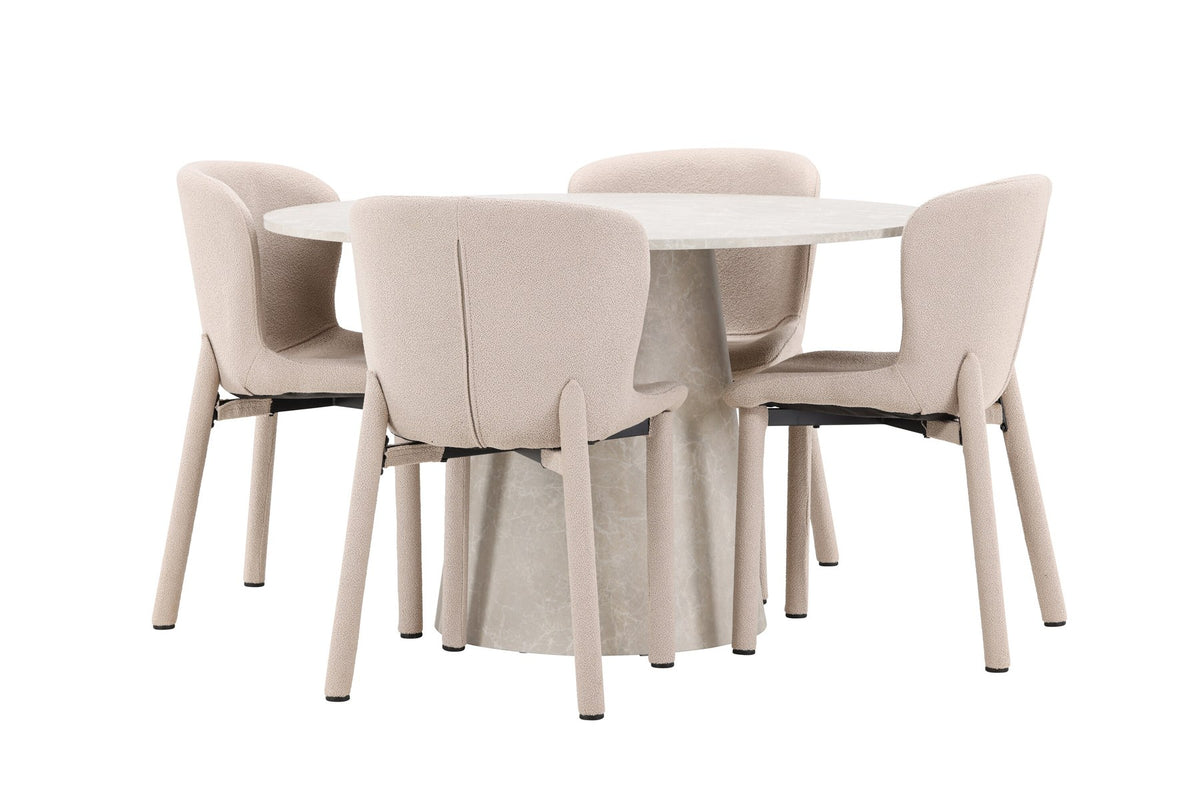 Beiger Esstisch Lanzo aus MDF mit vier gepolsterten Astoria-Stühlen mit Bouclé-Bezug, rechteckige Tischform, skandinavisches Design