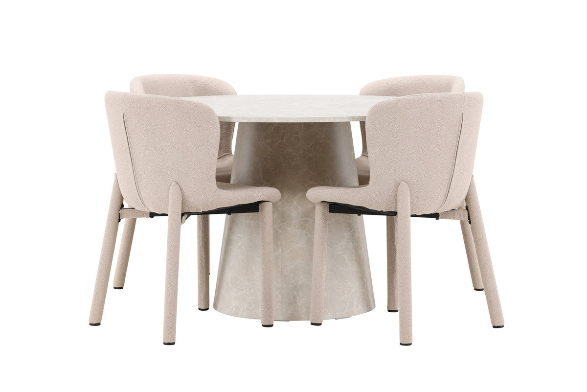 Beiger Esstisch Lanzo aus MDF mit vier gepolsterten Astoria-Stühlen mit Bouclé-Bezug, rechteckige Tischform, skandinavisches Design