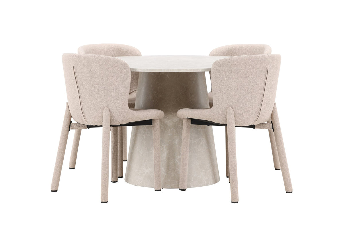 Beiger Esstisch Lanzo aus MDF mit vier gepolsterten Astoria-Stühlen mit Bouclé-Bezug, rechteckige Tischform, skandinavisches Design