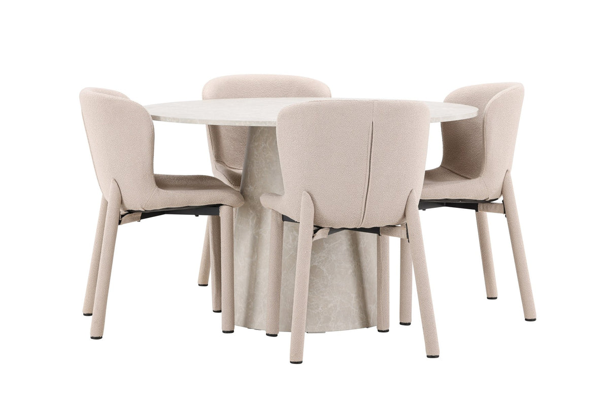 Beiger Esstisch Lanzo aus MDF mit vier gepolsterten Astoria-Stühlen mit Bouclé-Bezug, rechteckige Tischform, skandinavisches Design