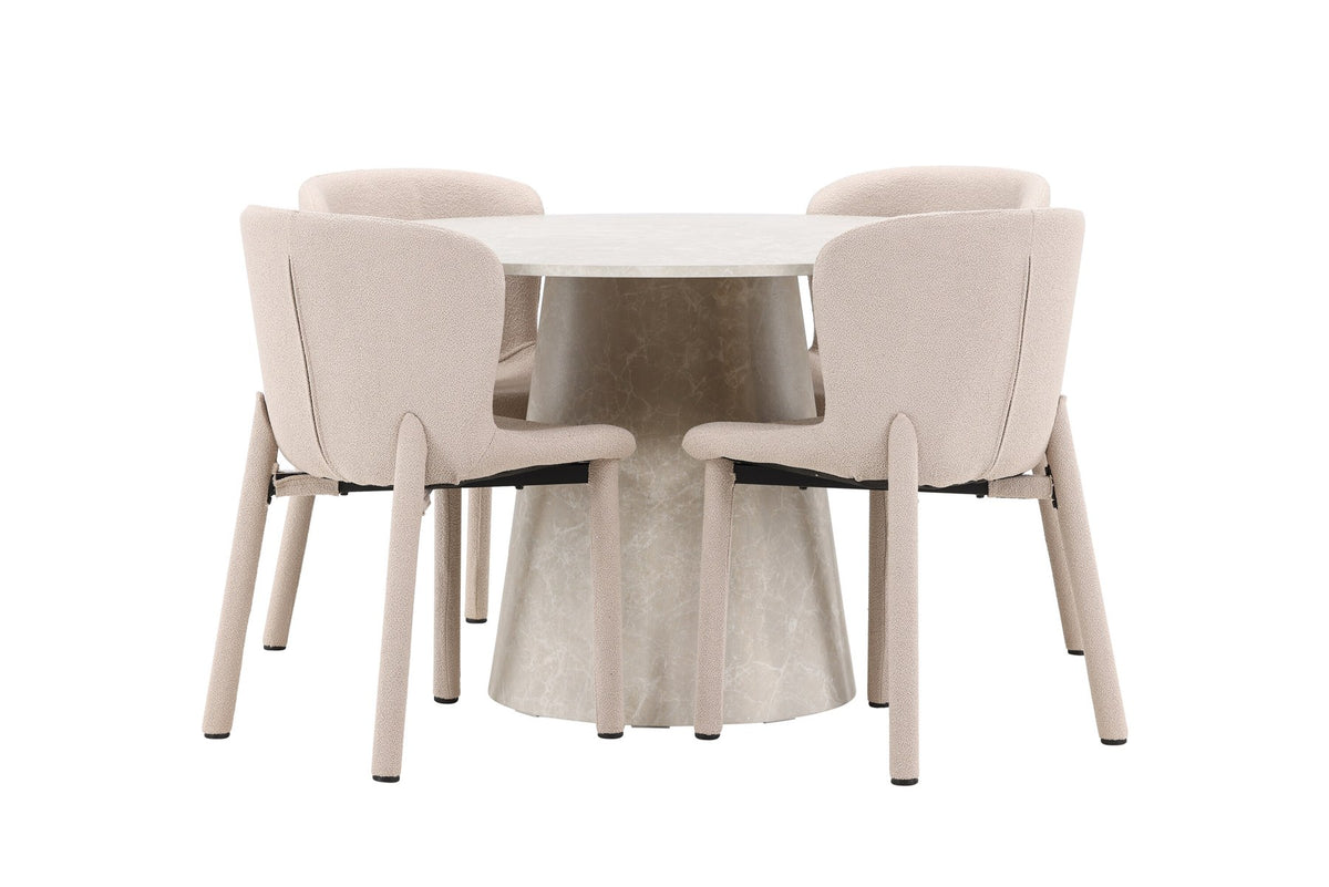 Beiger Esstisch Lanzo aus MDF mit vier gepolsterten Astoria-Stühlen mit Bouclé-Bezug, rechteckige Tischform, skandinavisches Design