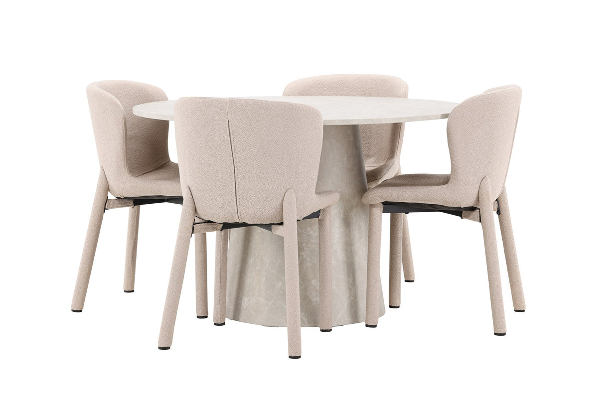 Beiger Esstisch Lanzo aus MDF mit vier gepolsterten Astoria-Stühlen mit Bouclé-Bezug, rechteckige Tischform, skandinavisches Design