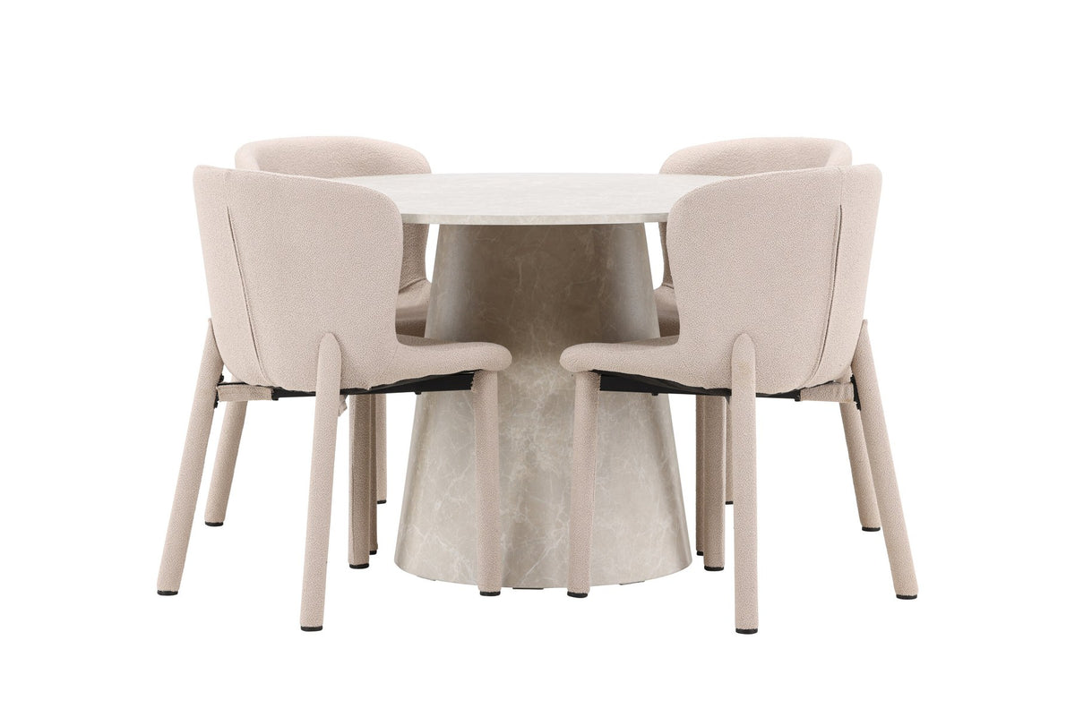 Beiger Esstisch Lanzo aus MDF mit vier gepolsterten Astoria-Stühlen mit Bouclé-Bezug, rechteckige Tischform, skandinavisches Design