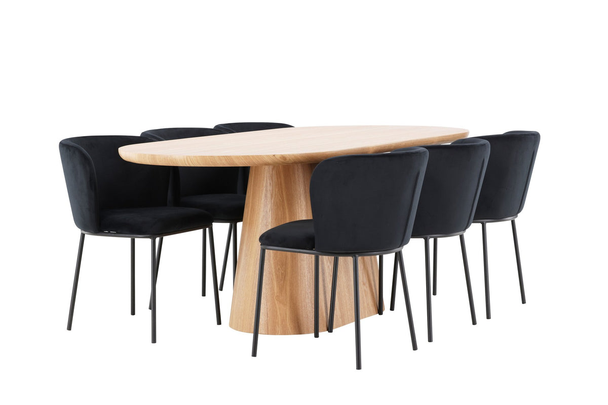 Esszimmerset Stjärnö mit Edina Stuhl: Esstisch mit MDF-Platte in Nature und sechs Stühlen mit Leinenbezug in Braun, skandinavisches Design.