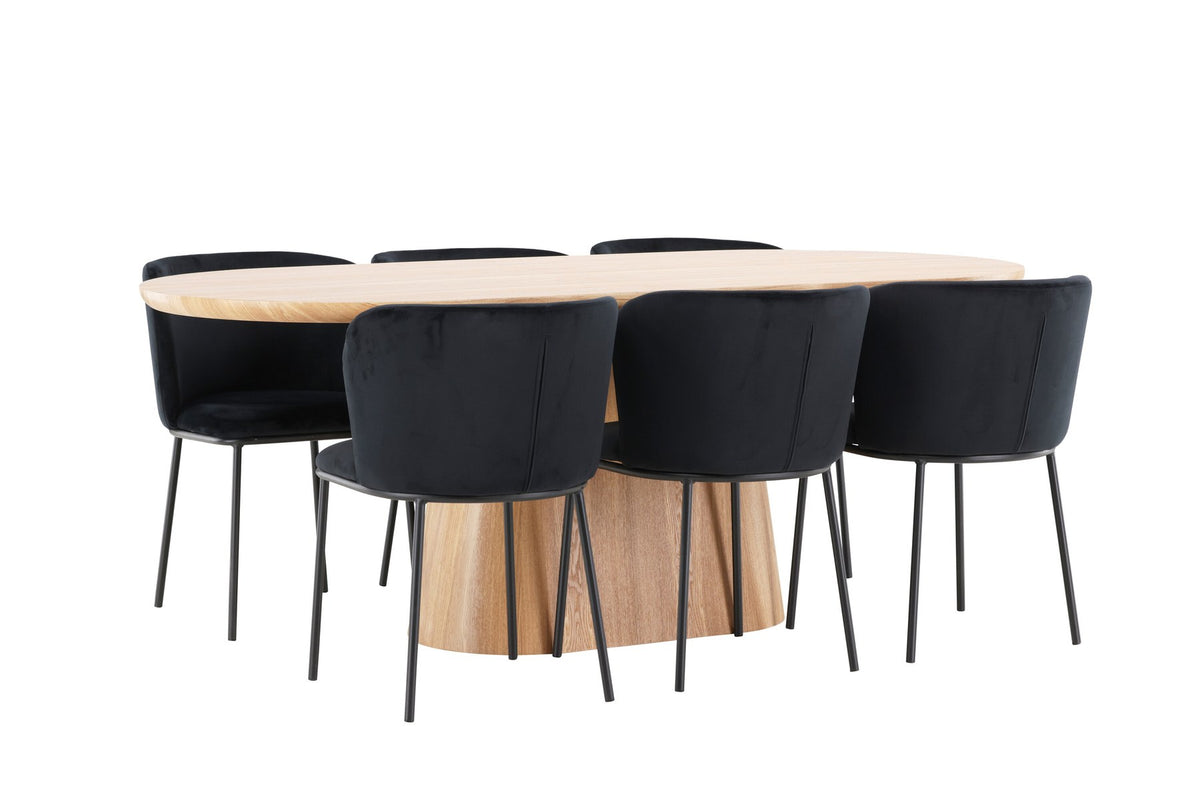 Esszimmerset Stjärnö mit Edina Stuhl: Esstisch mit MDF-Platte in Nature und sechs Stühlen mit Leinenbezug in Braun, skandinavisches Design.