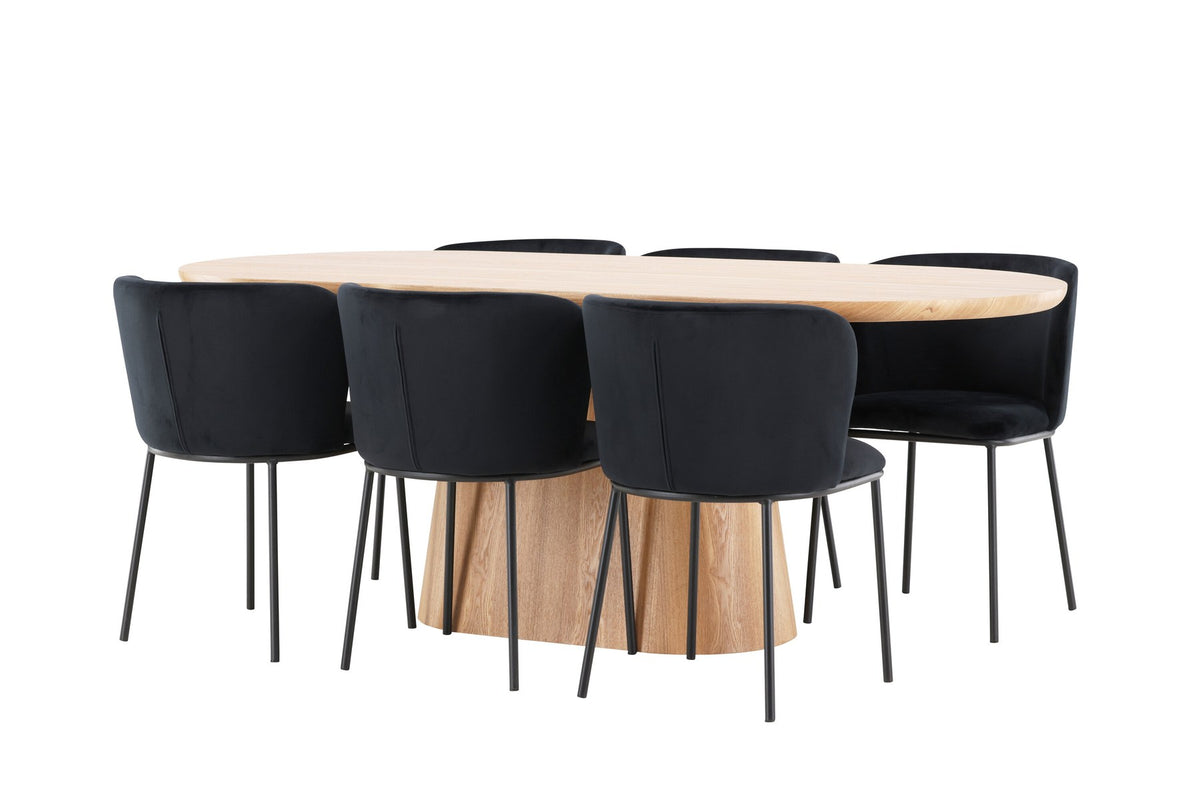 Esszimmerset Stjärnö mit Edina Stuhl: Esstisch mit MDF-Platte in Nature und sechs Stühlen mit Leinenbezug in Braun, skandinavisches Design.