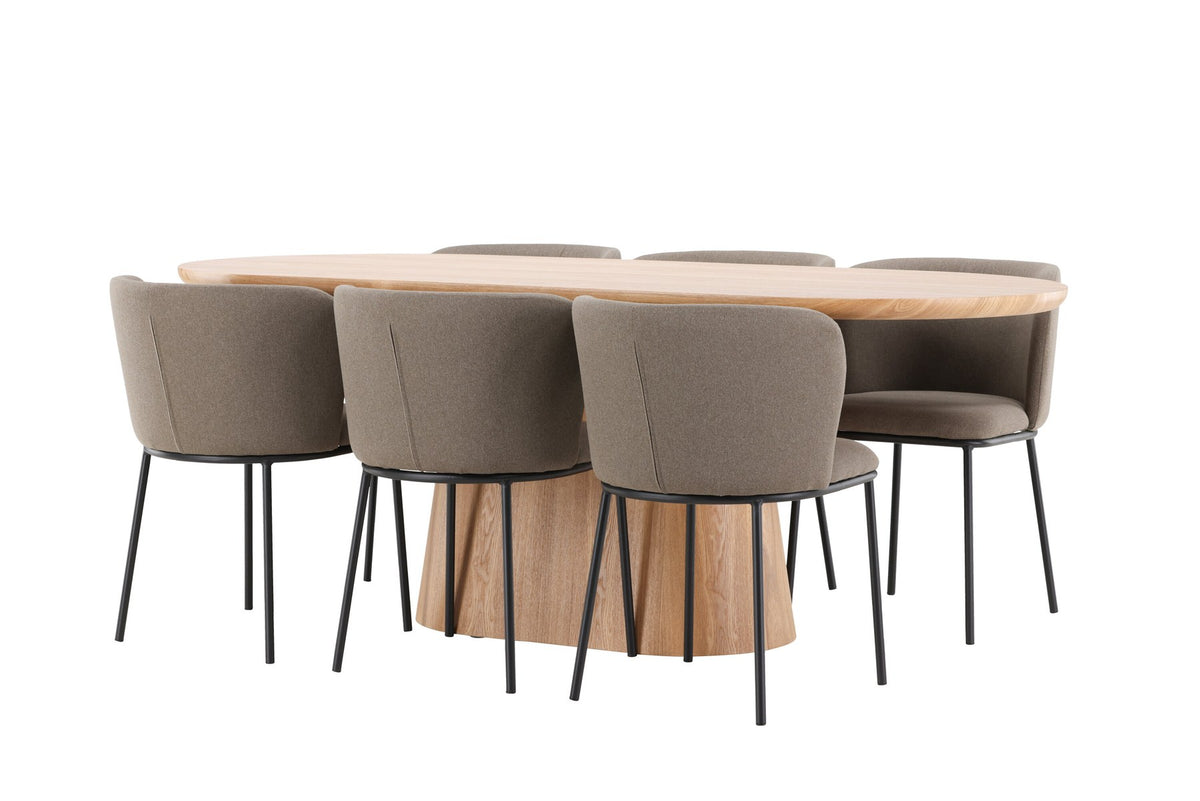 Esszimmerset Stjärnö mit Edina Stuhl: Esstisch mit MDF-Platte in Nature und sechs Stühlen mit Leinenbezug in Braun, skandinavisches Design.