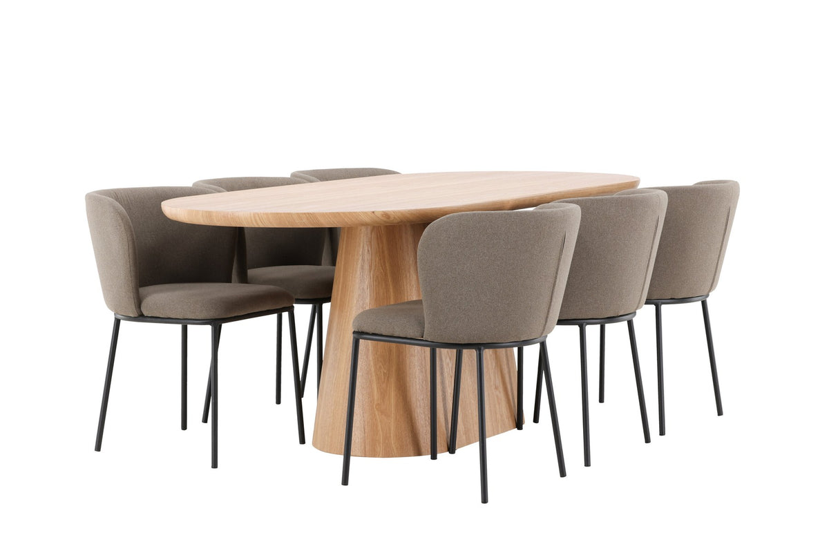 Esszimmerset Stjärnö mit Edina Stuhl: Esstisch mit MDF-Platte in Nature und sechs Stühlen mit Leinenbezug in Braun, skandinavisches Design.