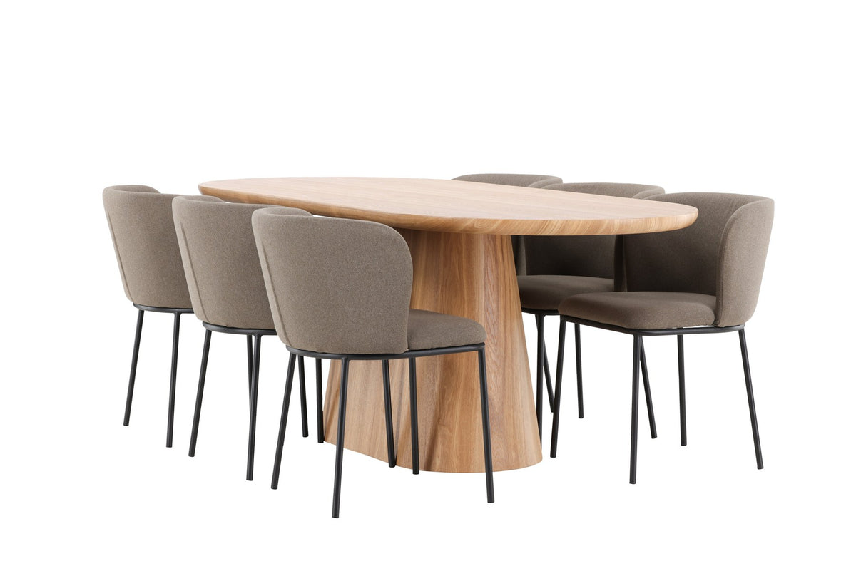 Esszimmerset Stjärnö mit Edina Stuhl: Esstisch mit MDF-Platte in Nature und sechs Stühlen mit Leinenbezug in Braun, skandinavisches Design.