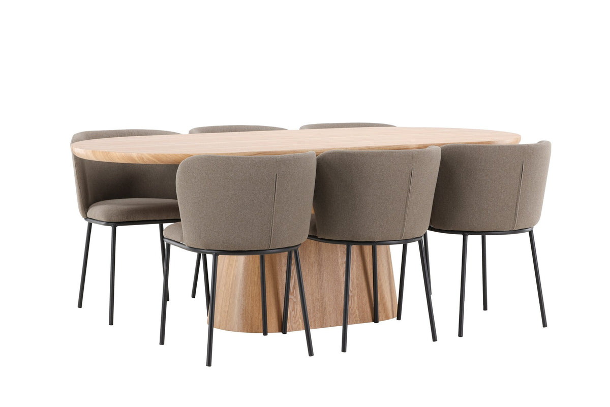 Esszimmerset Stjärnö mit Edina Stuhl: Esstisch mit MDF-Platte in Nature und sechs Stühlen mit Leinenbezug in Braun, skandinavisches Design.