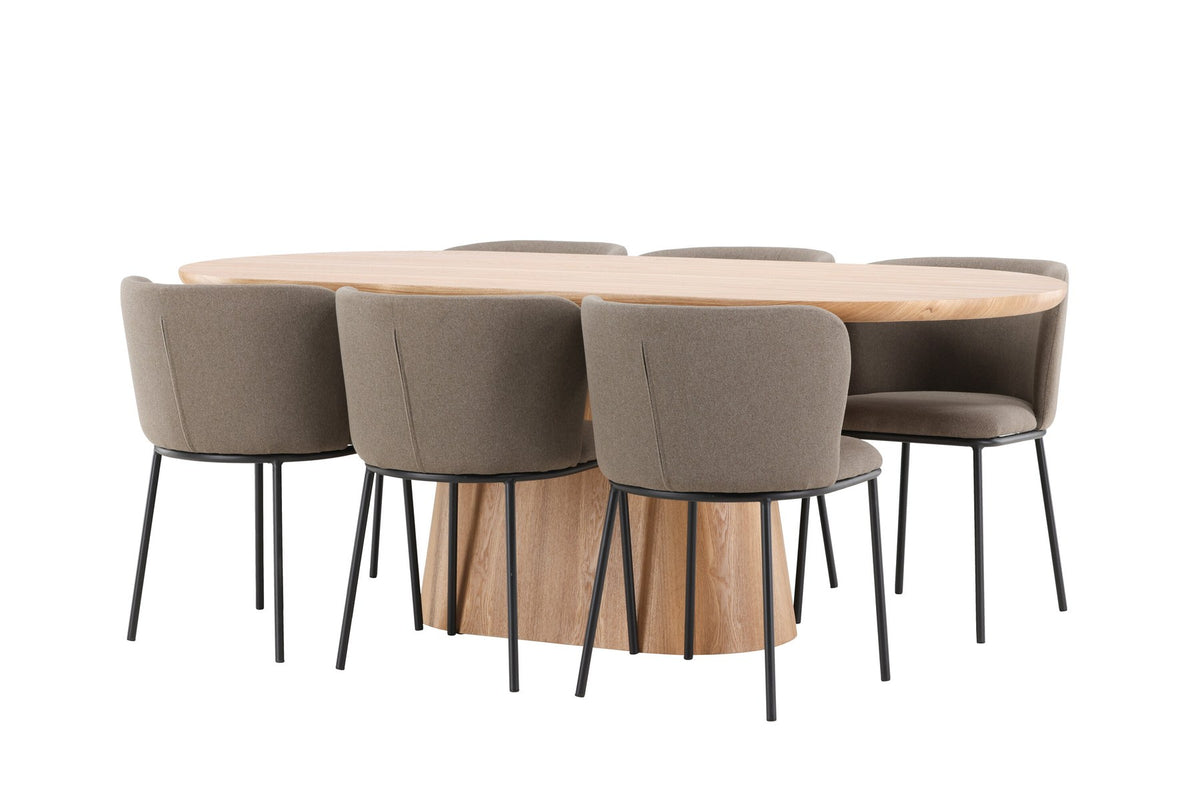 Esszimmerset Stjärnö mit Edina Stuhl: Esstisch mit MDF-Platte in Nature und sechs Stühlen mit Leinenbezug in Braun, skandinavisches Design.