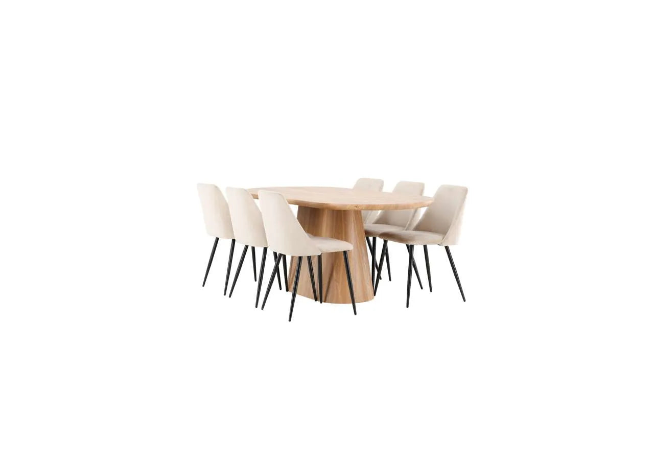 Moderner Esstisch Stjärnö mit Nachtstuhl von Venture Home, ideal für stilvolle Esszimmer und zeitgemäße Wohnräume.