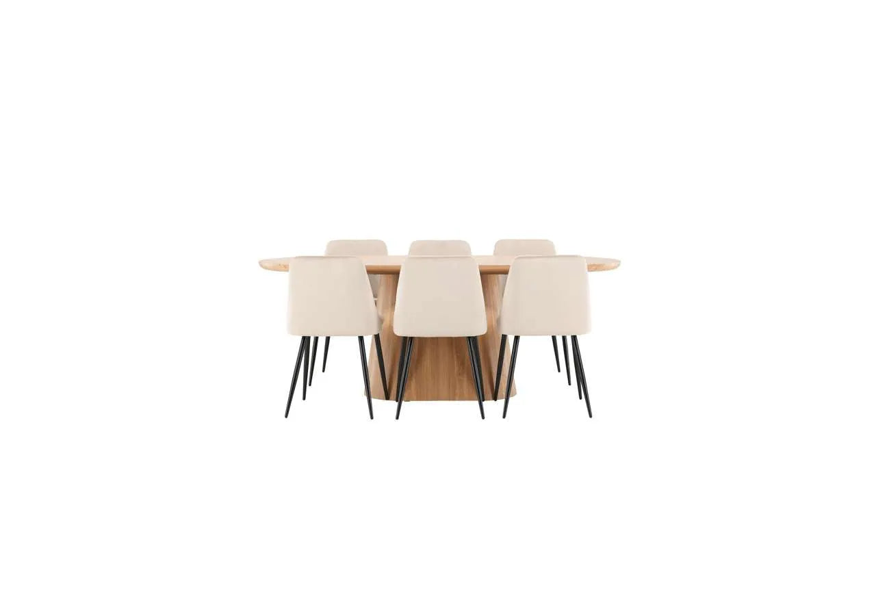 Moderner Esstisch Stjärnö mit Nachtstuhl von Venture Home, ideal für stilvolle Esszimmer und zeitgemäße Wohnräume.